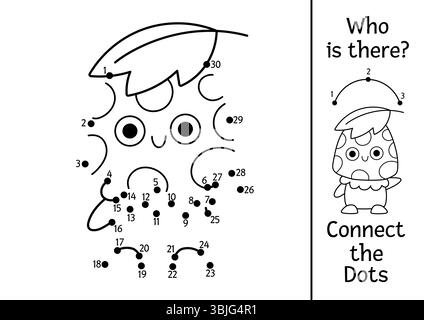 Vektor-schwarz-weiß Fairyland Punkt-zu-Punkt Aktivität mit Pilz winkende Hand. Verzauberter Wald verbindet das Punktspiel und die Ausmalseite. Märchenmuster Stock Vektor