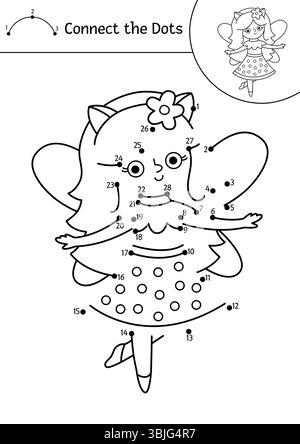 Vektor-schwarz-weiß Fairyland Punkt-zu-Punkt Aktivität mit Hirschfee. Magic Forest verbindet das Punktspiel und die Ausmalseite. Märchenarbeitsblatt zum Ausdrucken Stock Vektor