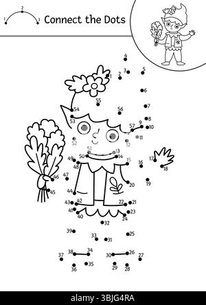 Vektor-schwarz-weiß Fairyland Punkt-zu-Punkt-Aktivität mit Elf. Magic Forest verbindet das Punktspiel und die Ausmalseite. Märchenarbeitsblatt mit c Stock Vektor