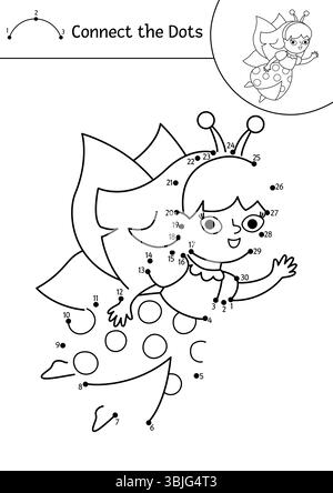 Vektor-schwarz-weiß Fairyland Punkt-zu-Punkt-Aktivität mit Feenwanz. Magic Forest verbindet das Punktspiel und die Ausmalseite. Märchenarbeitsblatt zum Ausdrucken Stock Vektor