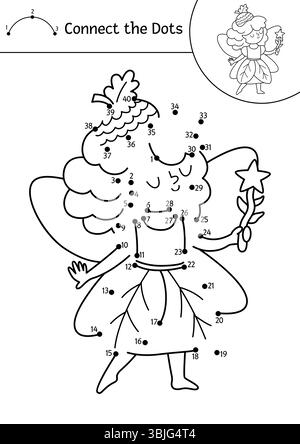 Vektor-schwarz-weiß Fairyland Punkt-zu-Punkt Aktivität mit Eichelfee. Magic Forest verbindet das Punktspiel und die Ausmalseite. Märchenhafter bedruckbarer Workshee Stock Vektor