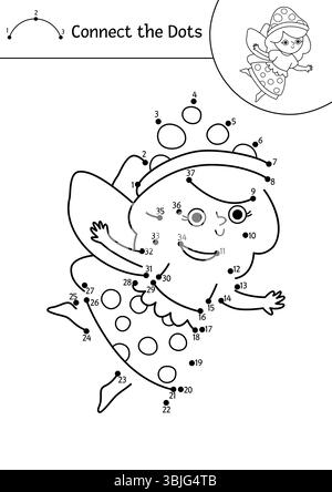 Vektor-schwarz-weiß Fairyland Punkt-zu-Punkt Aktivität mit Pilzfee. Magic Forest verbindet das Punktspiel und die Ausmalseite. Märchenhafte druckbare Werke Stock Vektor