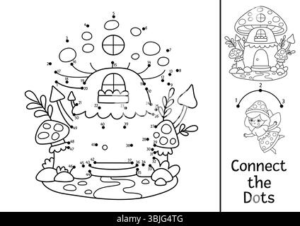 Vektor-schwarz-weiß Fairyland Punkt-zu-Punkt Aktivität mit Pilz Feenhaus. Magic Forest verbindet das Punktspiel und die Ausmalseite. Märchenhaft druckbar Stock Vektor