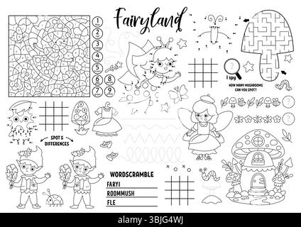 Vector Fairyland Tischset für Kinder. Magic Forest druckbare Aktivitätsmatte mit Labyrinth, Tic Tac Zehenkarte, verbinde die Punkte, finde den Unterschied. Waldmesse Stock Vektor