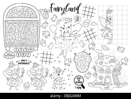Vector Fairyland Tischset für Kinder. Magic Forest druckbare Aktivitätsmatte mit Labyrinth, Tic Tac Zehenkarte, verbinde die Punkte, finde den Unterschied. Waldmesse Stock Vektor