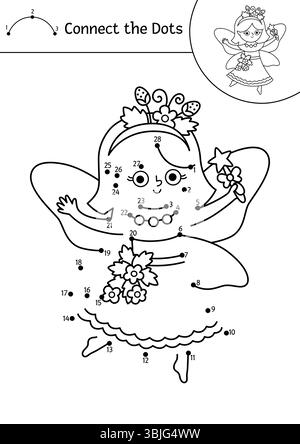 Vektor-schwarz-weiß Fairyland Punkt-zu-Punkt Aktivität mit Beerenfee. Magic Forest verbindet das Punktspiel und die Ausmalseite. Märchenhafter bedruckbarer Workshee Stock Vektor