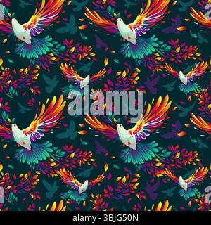 Der farbenfrohe Vogel des Friedens, das nahtlose Taubenmuster für Stoff. Handzeichnung dunkler Hintergrund. Nicht AI. Vektorabbildung Stock Vektor
