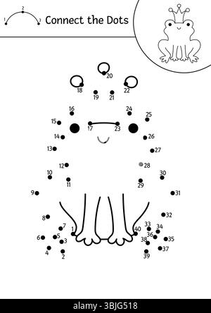 Vektor-Schwarzweiß-Fairyland Punkt-zu-Punkt-Aktivität mit Froschprinzen. Verzauberter Wald verbindet das Punktspiel, Malseite mit Waldtier. Fai Stock Vektor