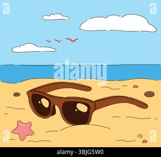 Stilvolle und trendige Sonnenbrille an einem wunderschönen Sandstrand an einem entspannenden Sommertag Stock Vektor