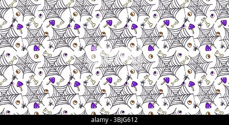 Nahtloses Halloween-Muster mit handgezeichneten Spinnennetzen, gruseligen Knochen, Zeichentrickspinnen, Augäpfeln und magischen Pilzen. Stock Vektor