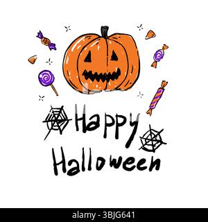 Niedliche und gruselige Halloween-Illustration mit geschnitztem Kürbis, bunten Süßigkeiten, Spinnennetzen und handschriftlichem Happy Halloween Text. Stock Vektor