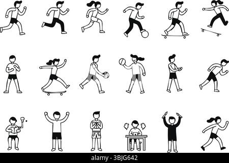 Minimalistisches Symbol-Set für die Aktivität von Menschen: Strichgrafik-Illustrationen von Sport und Hobbys Stock Vektor