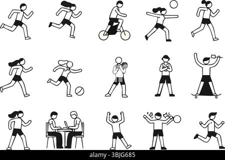 Minimalistisches Symbol-Set für die Aktivität von Menschen: Strichgrafik-Illustrationen von Sport und Hobbys Stock Vektor