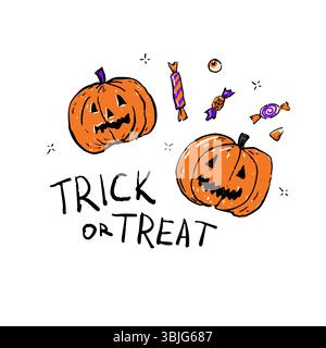 Handgezeichnete Halloween-Komposition mit zwei gruseligen Jack-o-Laternen, verschiedenen Süßigkeiten, Zuckermais, Augapfel und Trick or Treat Text. Stock Vektor