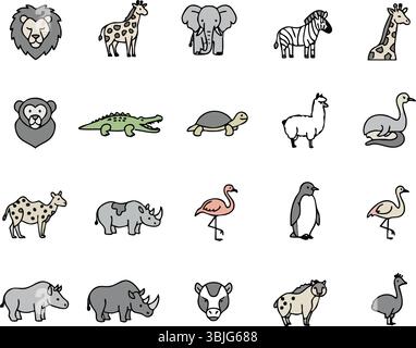 Niedliches Zeichentrickzoo und Wild Animal Icon Set Stock Vektor