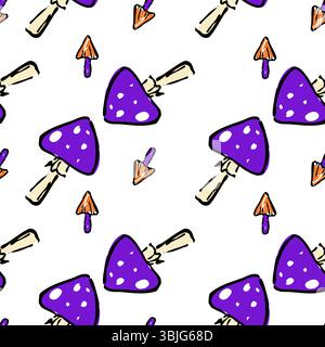 Handgezeichnetes nahtloses Muster mit zwei Arten von giftigen Pilzen in lila mit weißen Flecken und kleinen orangen Kappen. Stock Vektor