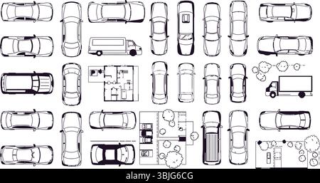 Top-Down-Vektor-Illustrationen von Autos, Lkws und Architekturplänen Stock Vektor