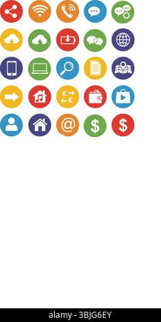 Modernes flaches Design mit Web- und App-Symbol in bunten Kreisen Stock Vektor