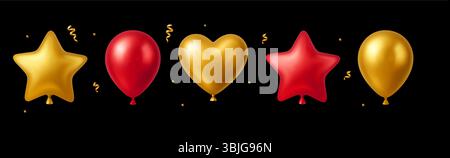 3D Ballon Gold Rot Goldene Luxus Konfetti Element Geschenk StarHeart Ball Ballons Icon Vektor Einladungskarte Stock Vektor
