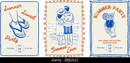 Sommer Party Postkarte Vintage Beach Skurrile Doodle Poster Set Sketch Travel Vector Sea Vacation Stock Vektor