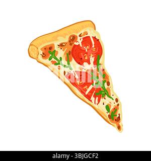 Leckere Pizza mit geschmolzenem Käse, Tomatenscheiben und frischen grünen Kräutern. Handgezeichnete bunte Fastfood-Illustration im flachen Cartoon-Stil. Stock Vektor