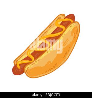 Handgezogener Hotdog mit gegrillter Wurst in einem Brötchen, garniert mit Senf. Helle und farbenfrohe Fastfood-Illustration im Cartoon-Stil. Stock Vektor