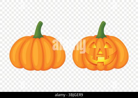 Vector Cartoon Pumpkins Kollektion mit geschnitzten Gesichtern. Flaches Set Mit Bunten Kürbis-Stickern. Designvorlagen für Halloween, Herbst, Ernte. Süß und lustig Stock Vektor