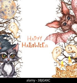 Kätzchen in Hexenhut, Fledermaus, trockenen Zweigen, Mond, Geistern und Kerzen Aquarellillustration. Handgezeichnet für Halloween mit Platz für Text. Isoliert von Stockfoto