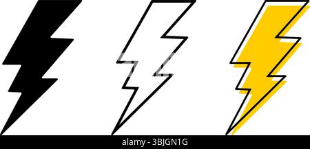 Satz von Bolzensymbolen. Sammlung von Blitzschildern isoliert auf weißem Hintergrund. Symbole für Taschenlampe, Energie, Akkuladung, Stromversorgung oder gefährliche Effekte. Vektorgrafik. Stock Vektor