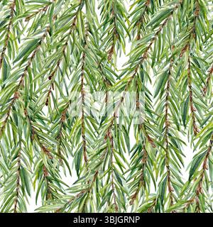Immergrüne Tannenzweige nahtloses Aquarellmuster. Handgemaltes immergrünes Laubdesign, ideal für Verpackungen, Stoffe, Tapeten, Weihnachtskarten Stockfoto