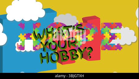 WAS IST DEIN HOBBY? Text auf gelbem Hintergrund, mit Neonkonturen, Puzzletexten, Wolken Stockfoto