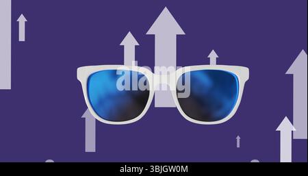 Mit weiß gerahmter Sonnenbrille, die blaues Licht auf violettem Feld reflektiert, mit Pfeilmotiven Stockfoto