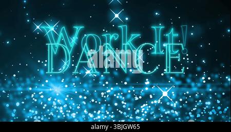 Leuchtende Neontexte funktionieren! TANZEN SIE eine digitale Bühne mit funkelnden Bokeh-Lichtern Stockfoto