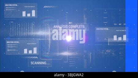 Holographische Datenschnittstelle, die Diagramme und Statusbeschriftungen in der Konsole mit leuchtendem Fleck anzeigt Stockfoto