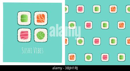 Mini-Norimaki-Rollen-Cartoon-nahtloses Muster. Traditionelles asiatisches japanisches Essen grenzenloser Hintergrund. Sushi-Lachs und Thunfisch. Meeresfrüchte endlose Vektor Design Papier Druck Stoff Wrapper Hintergrund Vorlage Stock Vektor