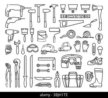Bauwerkzeuge Baumaschinen Cartoon einfache Symbolgruppe. Hardware für die Sammlung von Reparaturarbeiten in der Bauindustrie. Symbol Werkzeuge für Heimreparaturen Werkzeugkasten Kit Mechaniker Klempner isolierter Vektor Stock Vektor