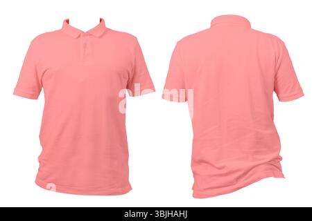 Einfarbiges pinkfarbenes Poloshirt mit Vorder- und Rückansicht auf weißem Hintergrund. Ideal für Mockup, Modeschablone, Bekleidungskatalog, Uniform b Stockfoto