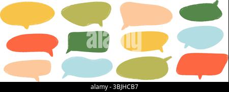 Farbige handgezeichnete Sprechblasen-Sammlung. Gekritzeltes Dialogfeld. Comic-Sprechrahmen mit strukturiertem Filzmarker. Hell skizziertes Chatbox-Paket. Textfeld-Paket mit rotem, blauem und grünem Ballon. Vektor Stock Vektor