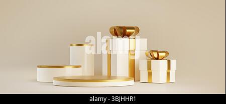 Goldene Geschenkboxen mit weißen runden Podesten – geschlossene Geschenkpakete mit Schleife und Zylindersockel. Luxuriöse Urlaubsdesign-Elemente für Werbung, Produktpräsentationen. Stock Vektor