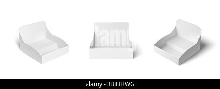 Set mit weißen Pappständern und Halterungen. Leeres Werberegal, fertig für Pakete, Arbeitsplatte für Einzelhandelsaussteller, isoliert auf weiß. 3D leere POS-POPs am Point of Sale. Stock Vektor