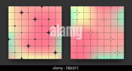 Set mit Retro-Sternmuster – Heller y2k-Hintergrund in Gelb, Grün und Rosa mit Farbverlauf. Verspielte Rasterlayouts mit Funkeln, quadratischen Fliesen und geometrischen Formen. 90er Jahre Tapeten für Partyflyer. Stock Vektor