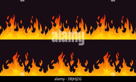 Nahtloses Muster der Feuergrenze - orange gelbe Flammen auf schwarzem Hintergrund, brennende Kante Design mit verlaufendem Wärmeeffekt, horizontale Flammendekoration, heiße Gefahr Warnstreifen Trennstreifen. Stock Vektor
