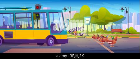 Enten überqueren die Stadtstraße, während der gelbe Bus laut hupt. Braune Vögel streuen aus dem Lärm in der Nähe des grünen Parks, Ampeln über der Straße. Urbane Karikaturlandschaft mit Bänken, Gebäuden für Spielhintergründe. Stock Vektor