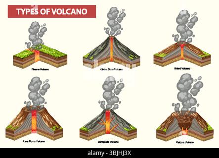 Vektor-Illustration, die sechs Arten von Vulkanen mit beschrifteten Querschnitten zeigt und deren einzigartige Strukturen und Eruptionsstile hervorhebt Stock Vektor