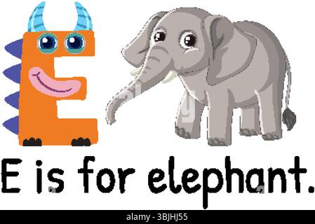 Verspielte Vektor-Illustration des Buchstaben E mit einem Comic-Elefanten, lebhaften Farben und kinderfreundlichem Design Stock Vektor
