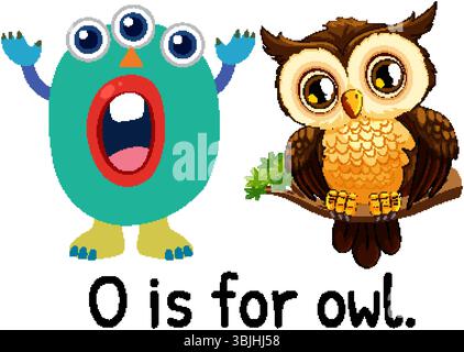 Farbenfrohe Vektor-Illustration mit einem verspielten Monster und einer Eule, die den Buchstaben O in einem lustigen Stil hervorheben Stock Vektor