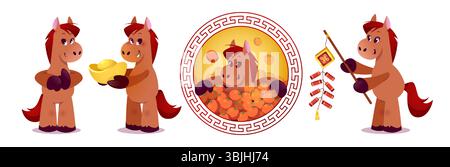 Fröhliches Zeichentrickpferd feiert Mondfeste - braunes Pony mit roter Mähne hält goldenen Barren, Mandarinen im dekorativen Kreis, Feuerwerkskörper an Schnur. Zodiac-Maskottchen für CNY-Grußkarten. Stock Vektor