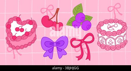 Vintage-Beerentorte mit Schleifendekorationen - Kirschpaar am Stiel, Heidelbeeren mit Blättern, Herzcremekuchen mit Kirschen, runder Teig, lila und rosa Bänder. Retro-Bäckerei Desserts. Stock Vektor