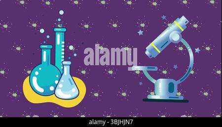 Zeigt stilisierte Wissenschaftssymbole vor violettem Hintergrund, mit Laborkolben, Blasen und Mikroskop Stockfoto