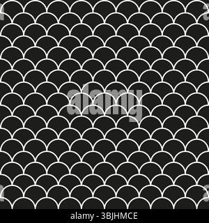 Schwarzweiß-Skalenmuster. Sich wiederholende gekrümmte Form. Vektorfisch-Textur. Schwarzes weißes Design. Stock Vektor